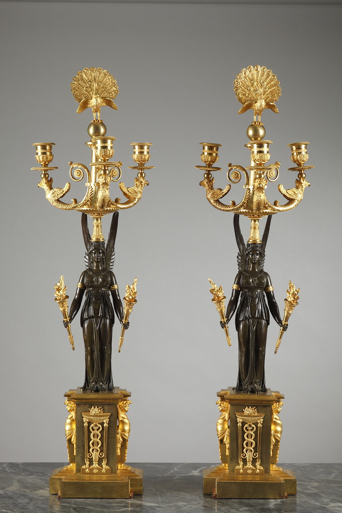 Pair of Empire period candelabra with peacocks and winged women